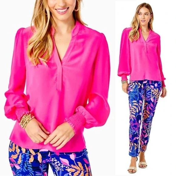 Lilly Pulitzer Pink Smocked Blouse Medium EUC - Picture 1 of 8